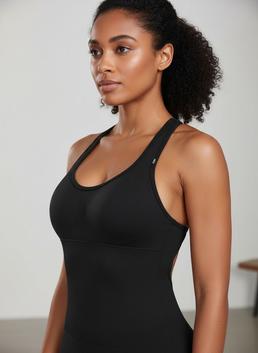 Black seamless yoga jumpsuit with padded racerback support and tummy control — view 4