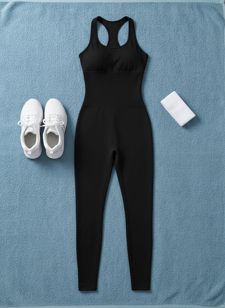 Black seamless yoga jumpsuit with padded racerback support and tummy control — view 7a
