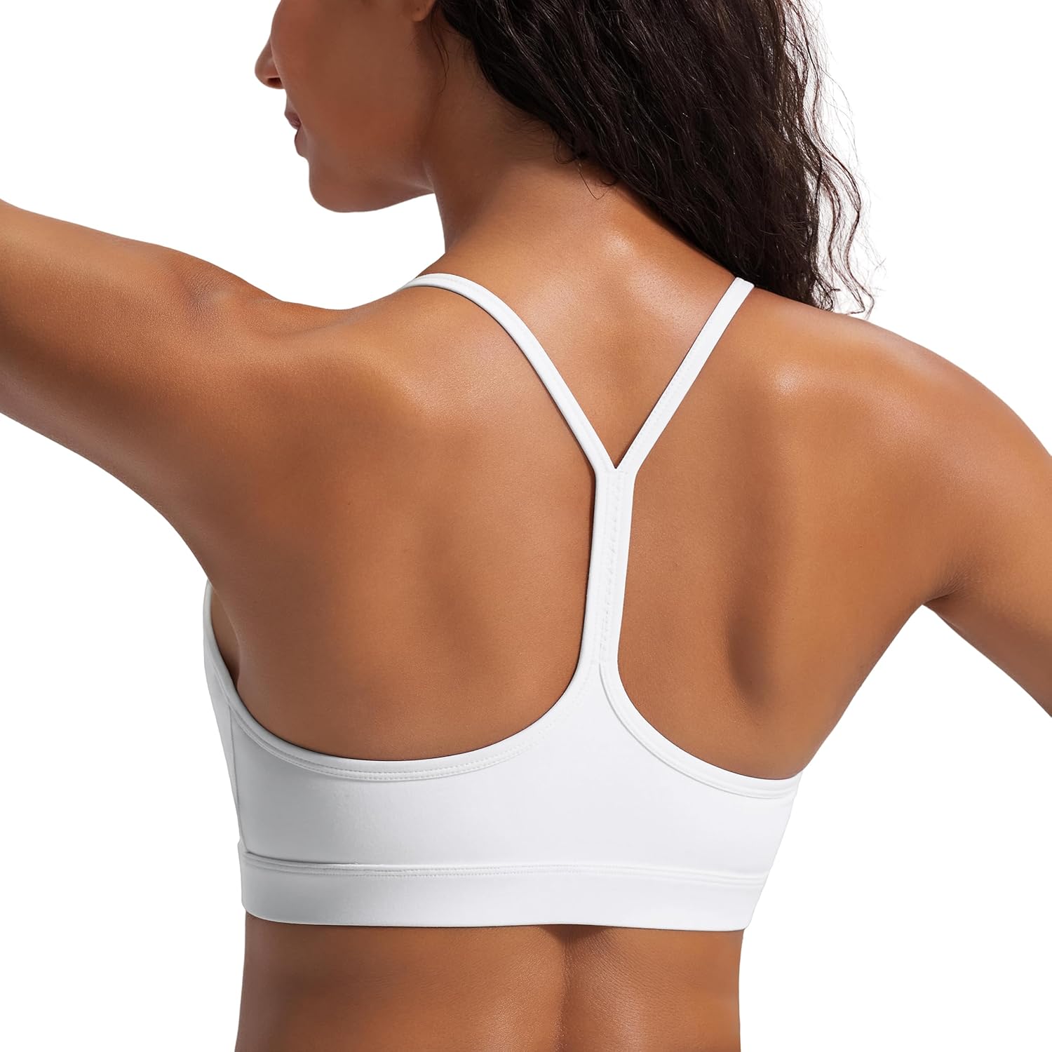 Black racerback sports bra with removable pads, front view showing moisture-wicking fabric — side