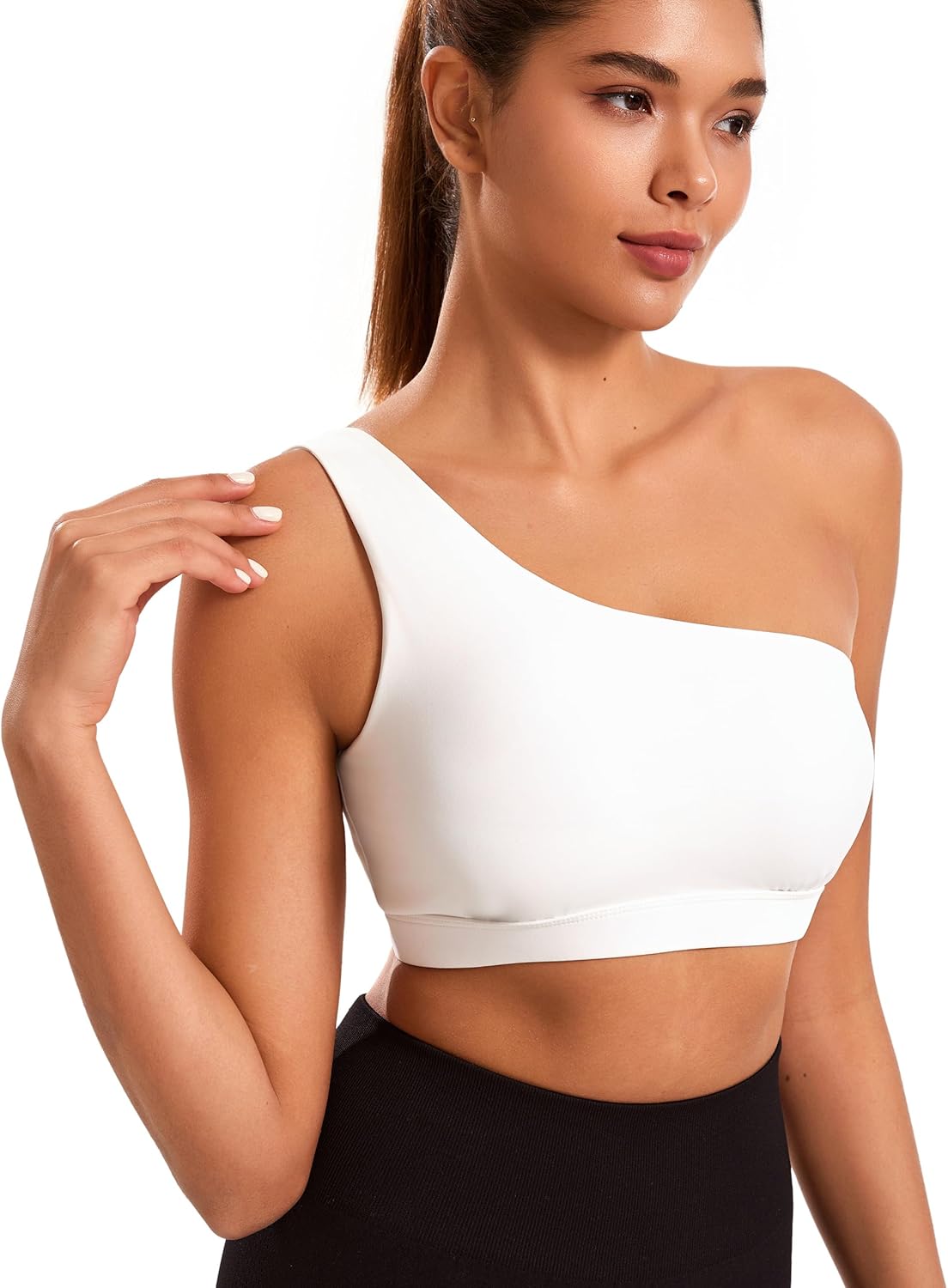 Black one-shoulder padded yoga bra with asymmetrical strap and four-way stretch fabric โ view 3