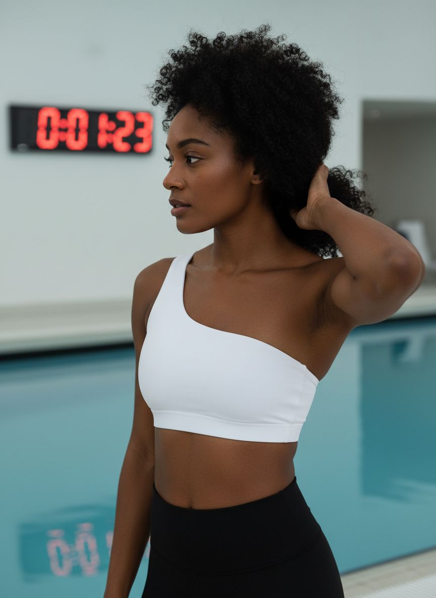 Black one-shoulder padded yoga bra with asymmetrical strap and four-way stretch fabric โ view 6