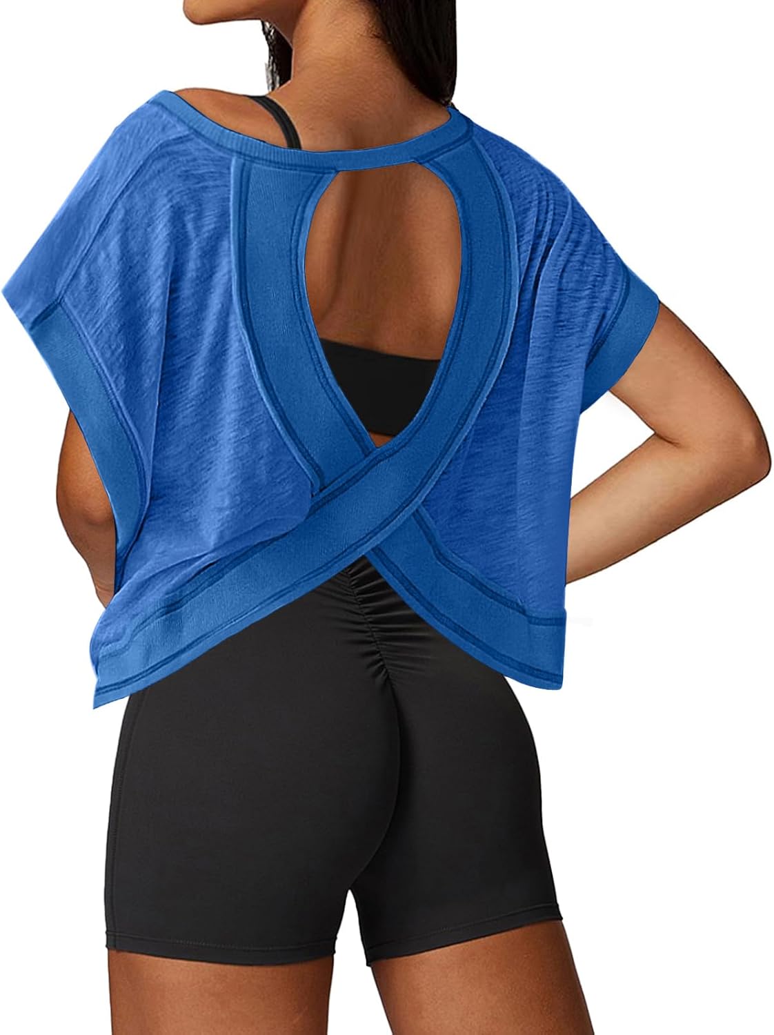 Black open back crop tee with moisture-wicking fabric, shown front and back views for running and yoga — view 1