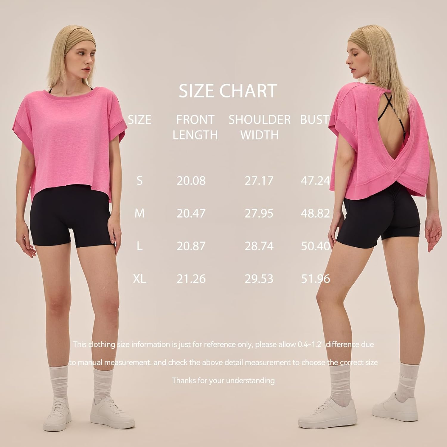 Black open back crop tee with moisture-wicking fabric, shown front and back views for running and yoga — view 3
