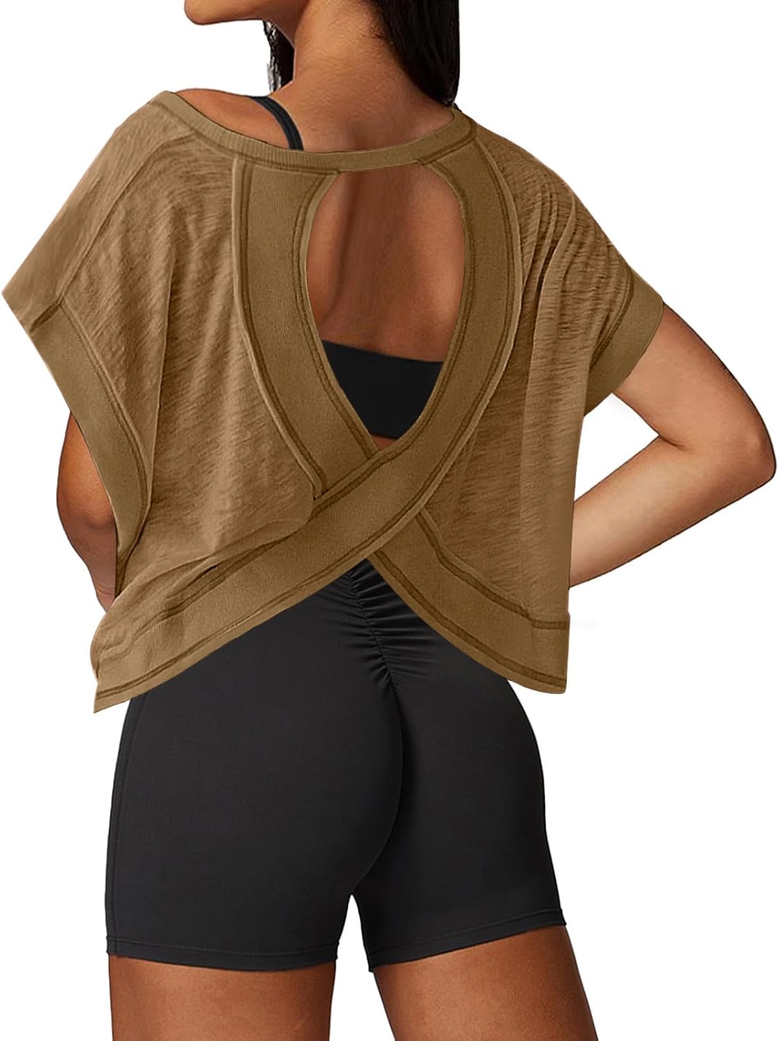 Black open back crop tee with moisture-wicking fabric, shown front and back views for running and yoga — view 4