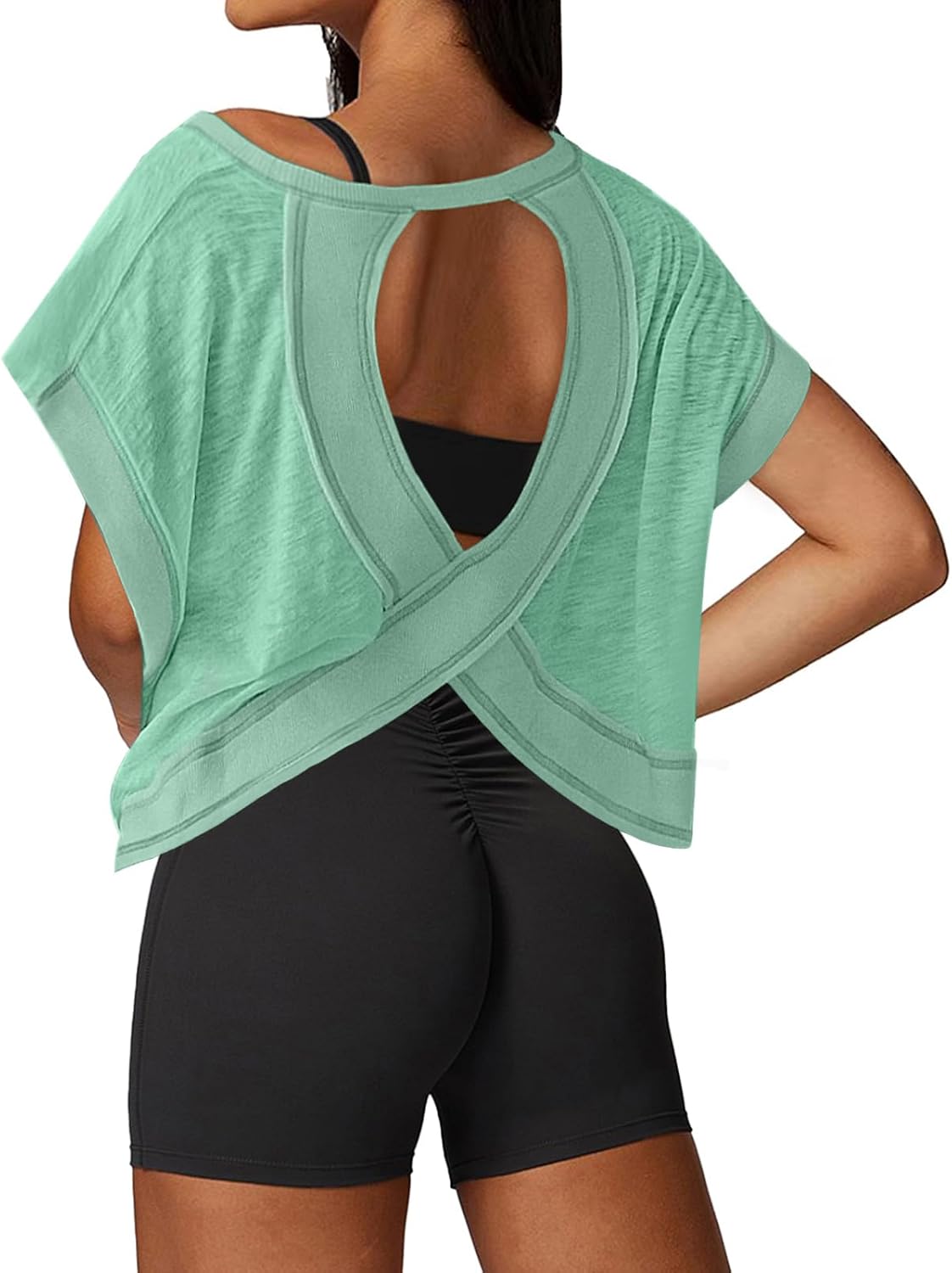 Black open back crop tee with moisture-wicking fabric, shown front and back views for running and yoga — view 5