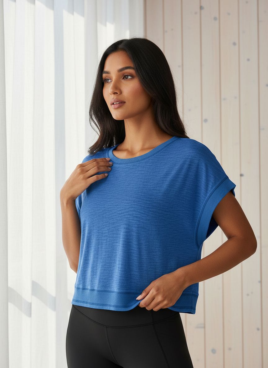 Black open back crop tee with moisture-wicking fabric, shown front and back views for running and yoga โ view 2