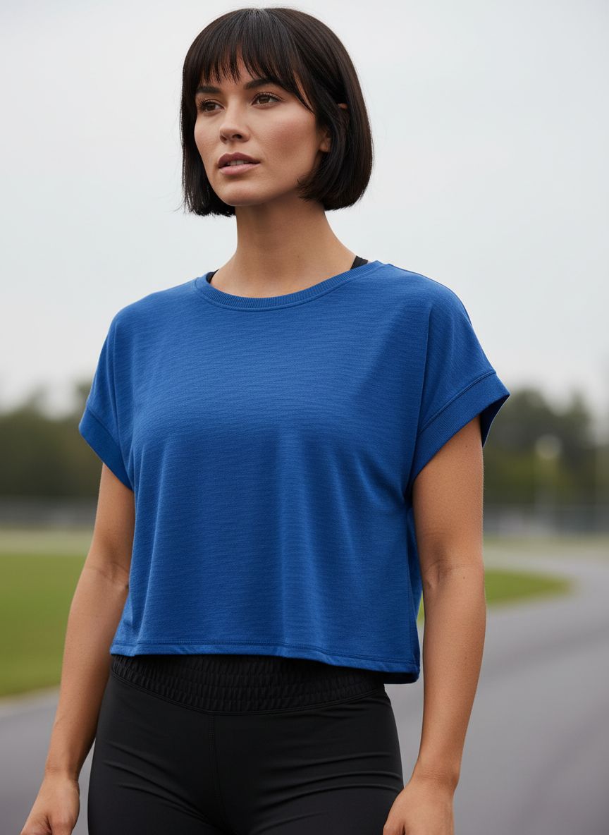 Black open back crop tee with moisture-wicking fabric, shown front and back views for running and yoga โ view 4