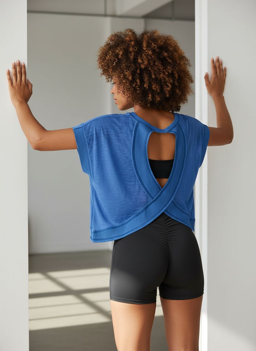 Black open back crop tee with moisture-wicking fabric, shown front and back views for running and yoga โ view 4
