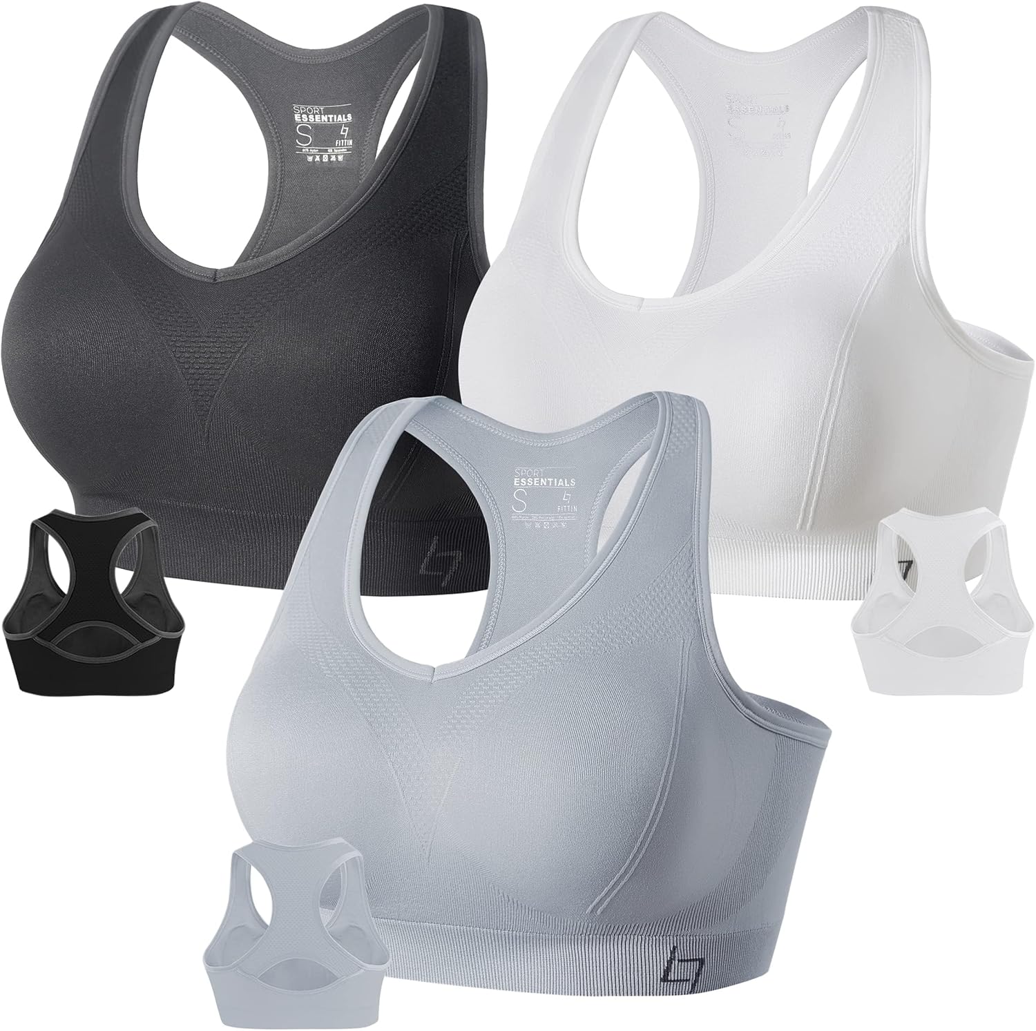 Black padded racerback sports bra with seamless construction, front view showing supportive fit — view 1