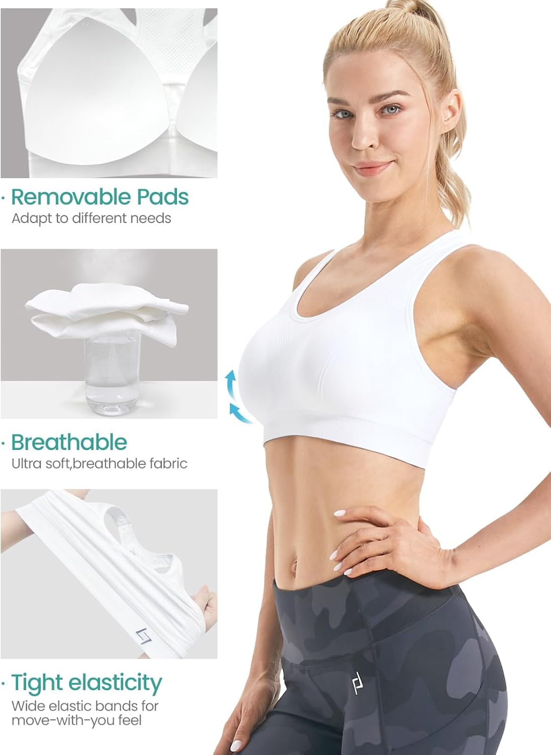 Black padded racerback sports bra with seamless construction, front view showing supportive fit — view 2