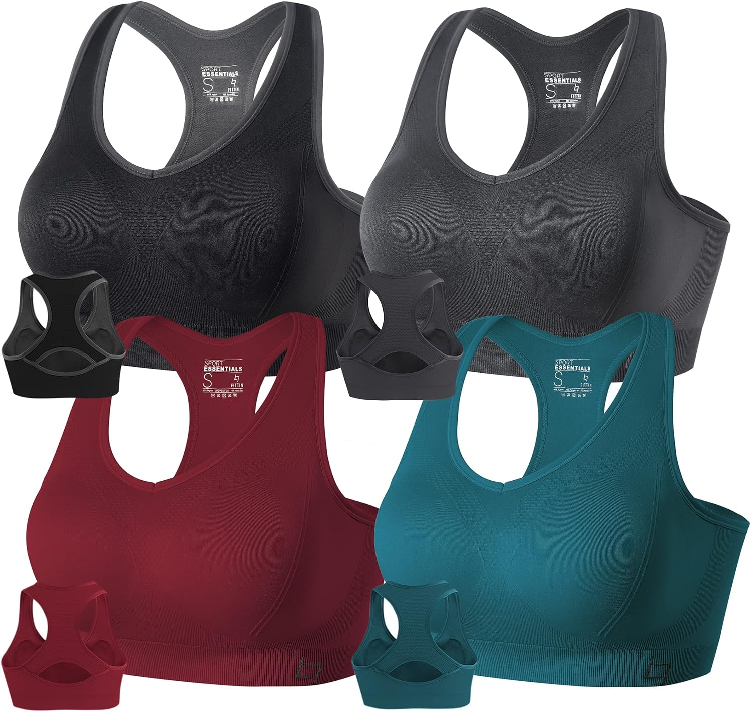 Black padded racerback sports bra with seamless construction, front view showing supportive fit — view 3