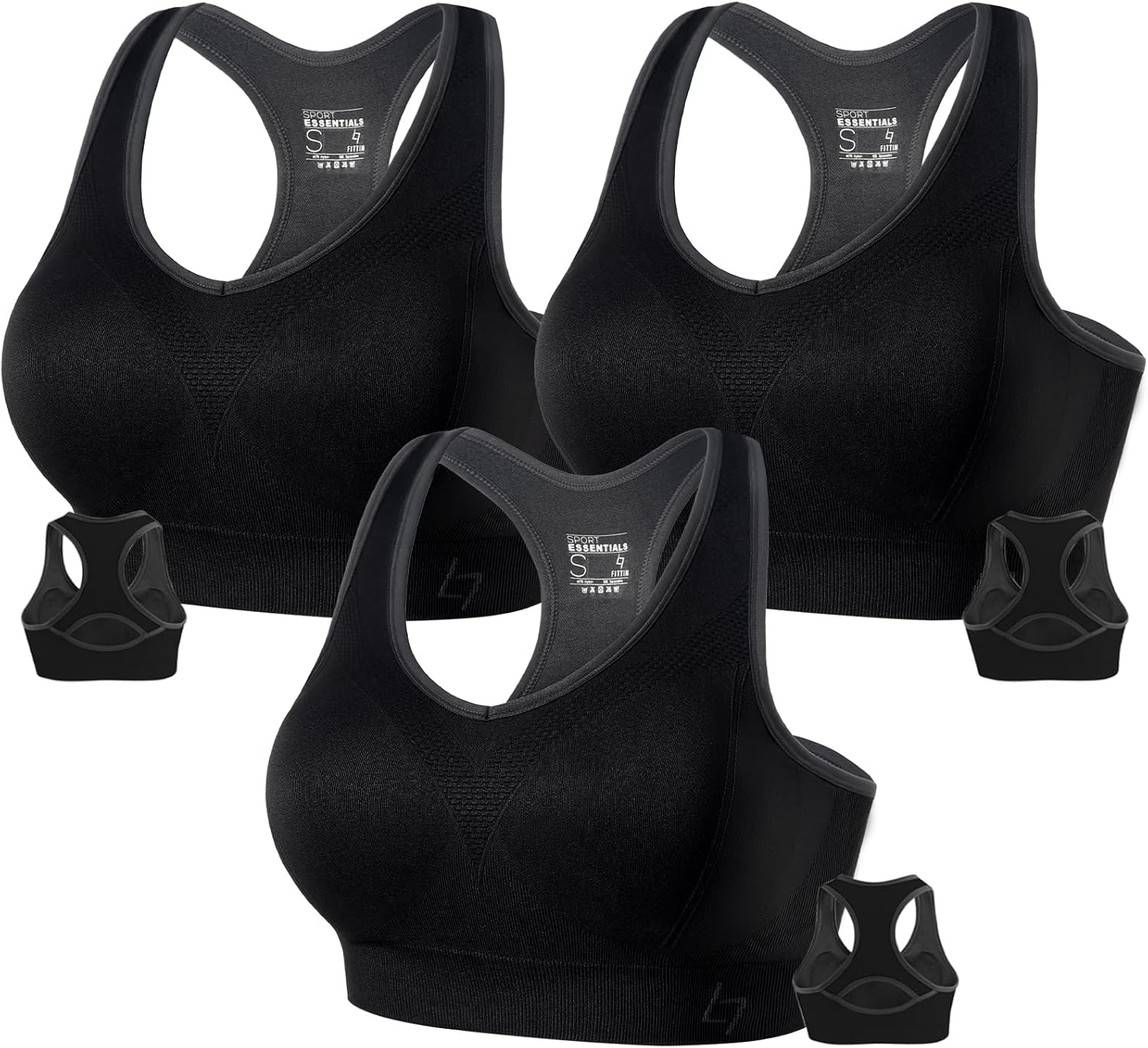 Black padded racerback sports bra with seamless construction, front view showing supportive fit — view 4