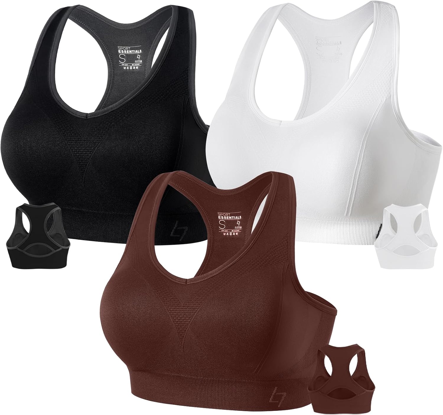 Black padded racerback sports bra with seamless construction, front view showing supportive fit — view 5