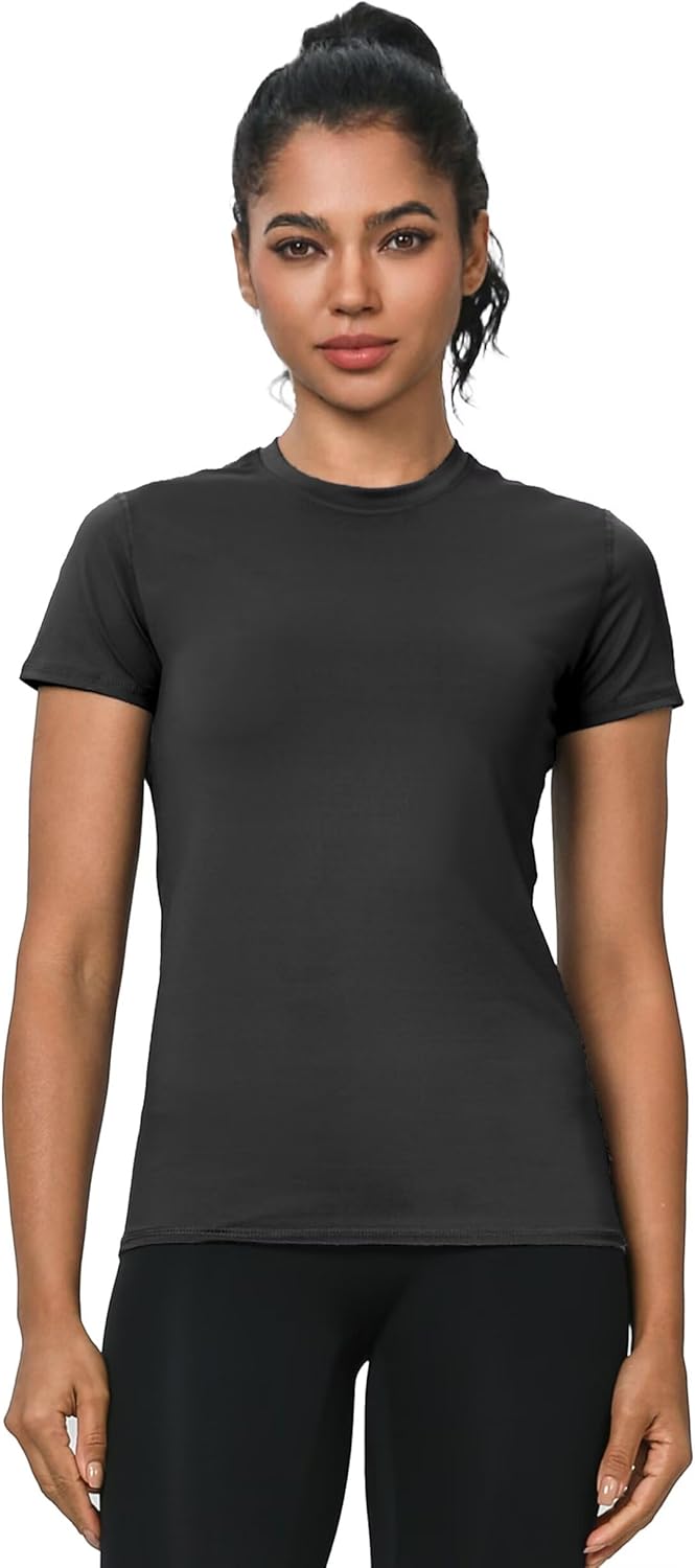 Women's fitted compression running shirt in {color}, quick-dry fabric, front view โ side