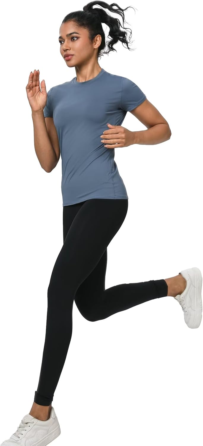 Women's fitted compression running shirt in {color}, quick-dry fabric, front view โ back