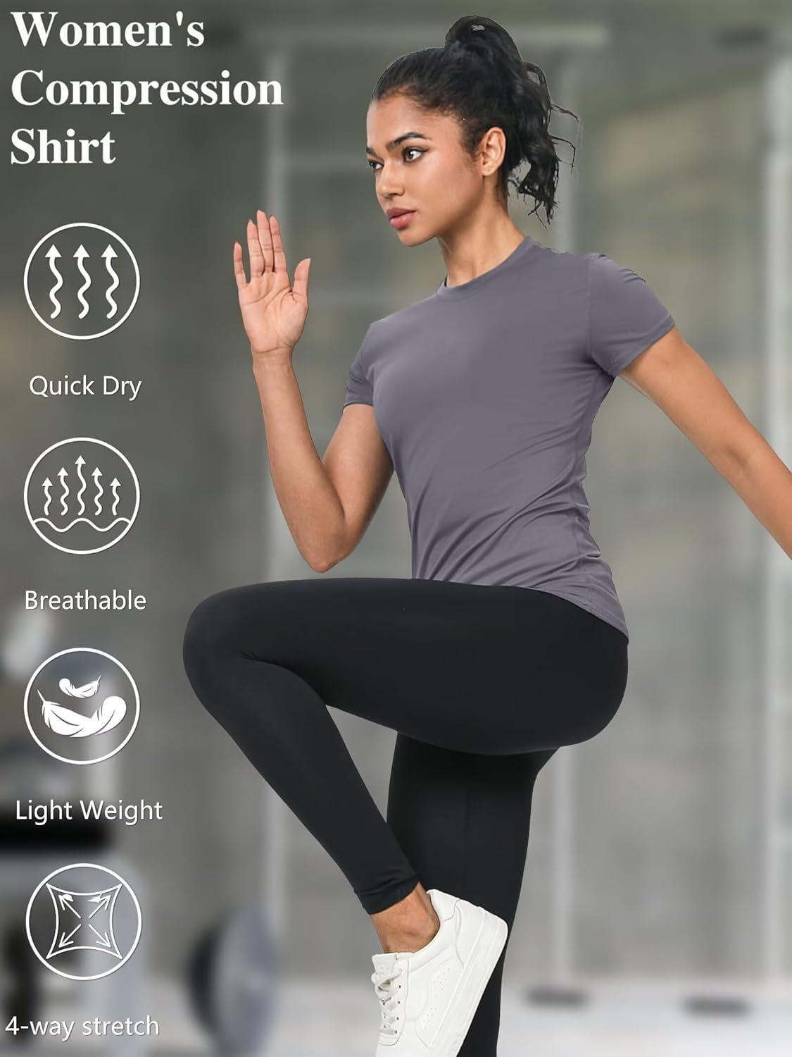 Women's fitted compression running shirt in {color}, quick-dry fabric, front view — view 2