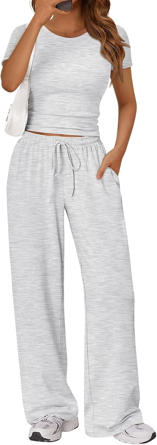 Neutral {color} side ruching lounge set with wide-leg pants and matching top, breathable fabric โ front