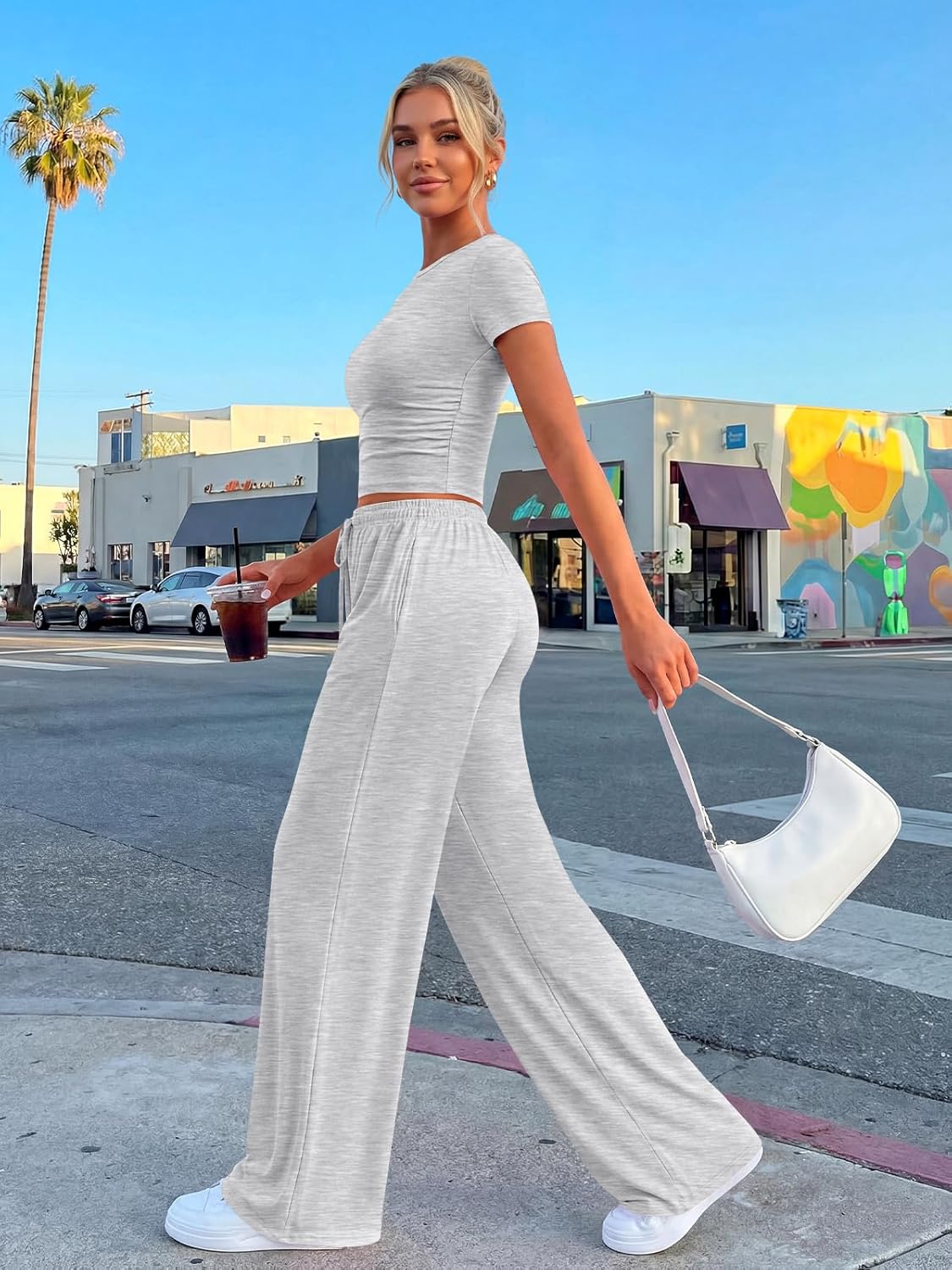 Neutral {color} side ruching lounge set with wide-leg pants and matching top, breathable fabric โ back