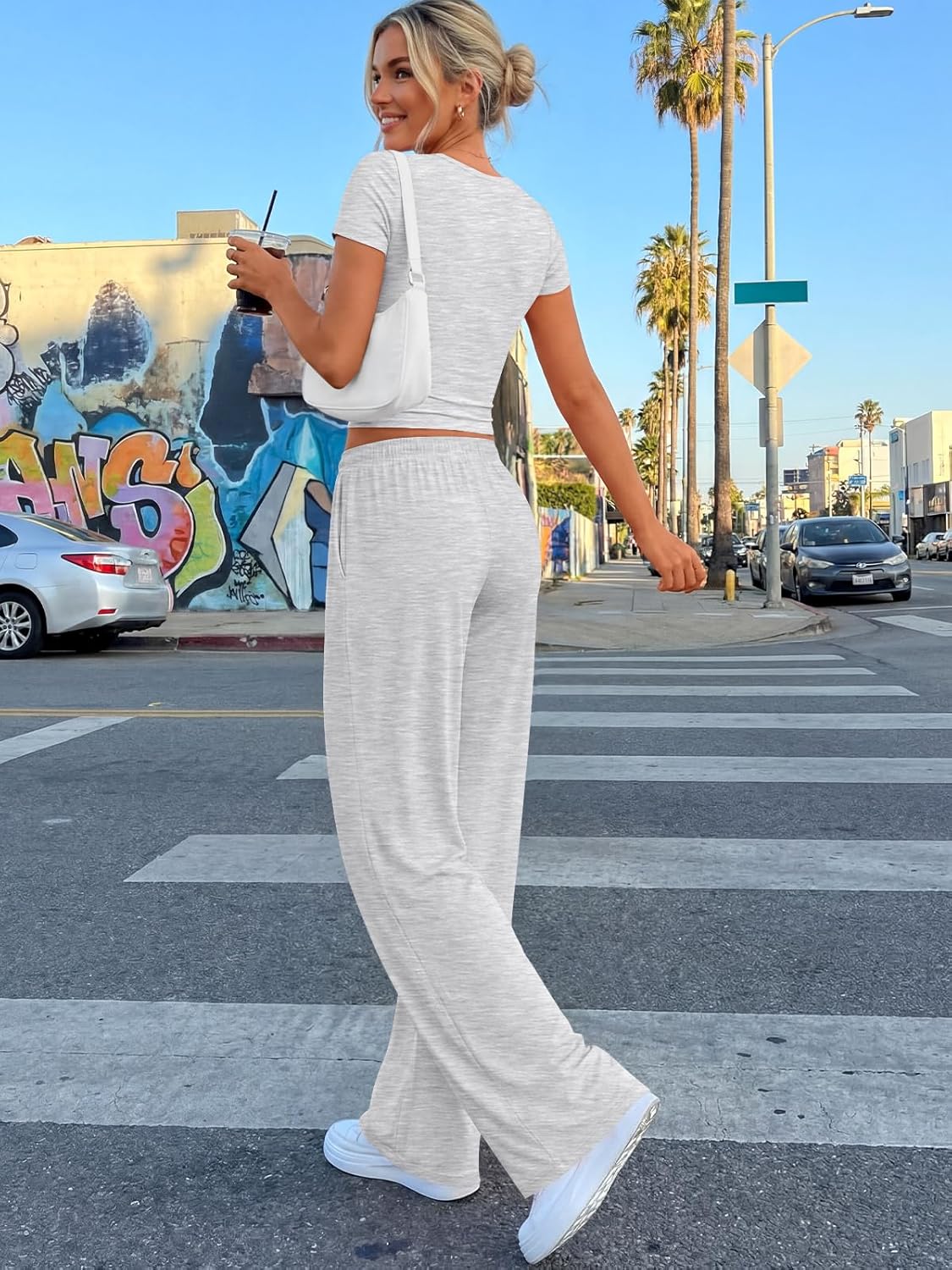 Neutral {color} side ruching lounge set with wide-leg pants and matching top, breathable fabric โ detail