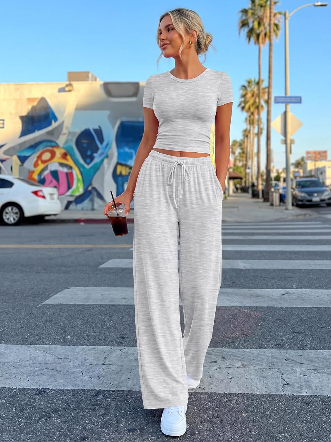 Neutral {color} side ruching lounge set with wide-leg pants and matching top, breathable fabric — view 3