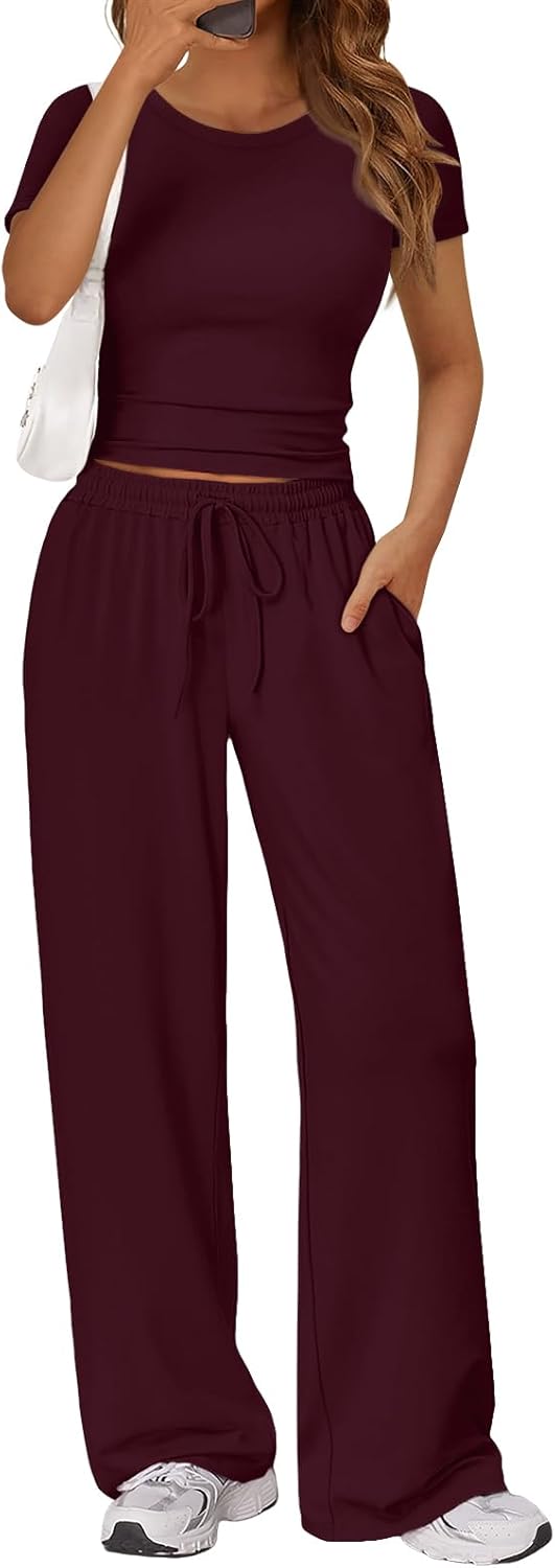 Neutral {color} side ruching lounge set with wide-leg pants and matching top, breathable fabric — view 4