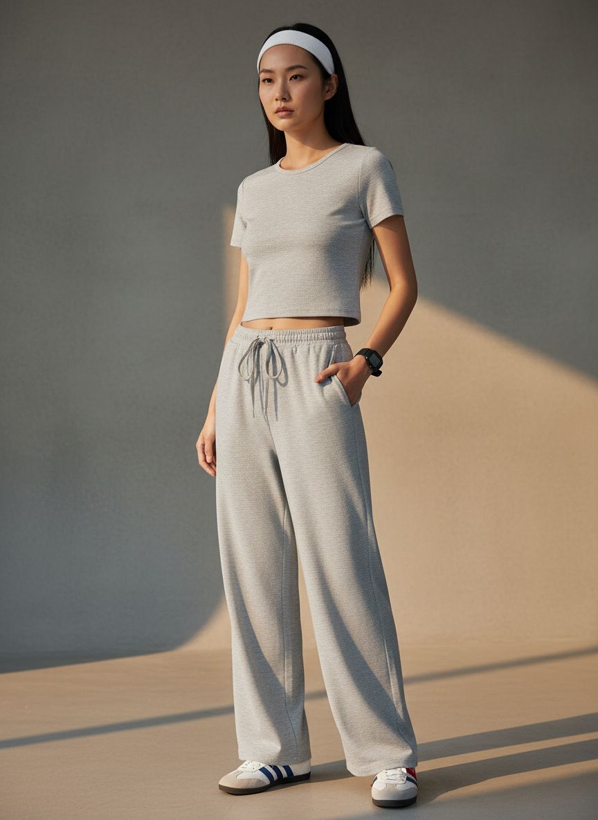 Neutral {color} side ruching lounge set with wide-leg pants and matching top, breathable fabric โ view 5a