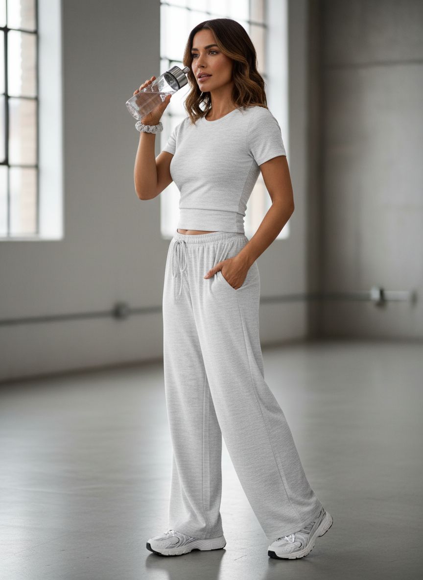 Neutral {color} side ruching lounge set with wide-leg pants and matching top, breathable fabric โ view 6
