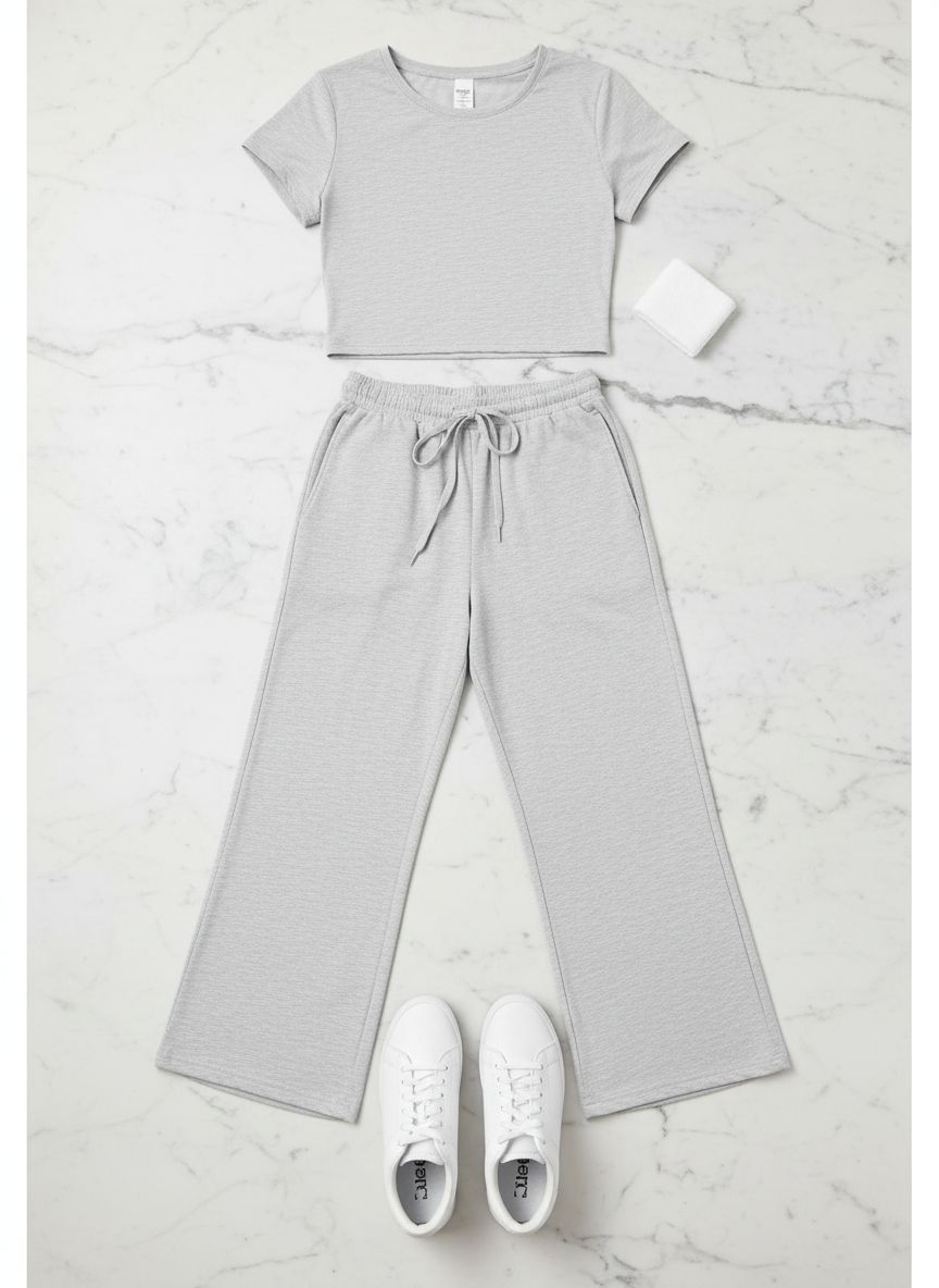 Neutral {color} side ruching lounge set with wide-leg pants and matching top, breathable fabric โ view 7a