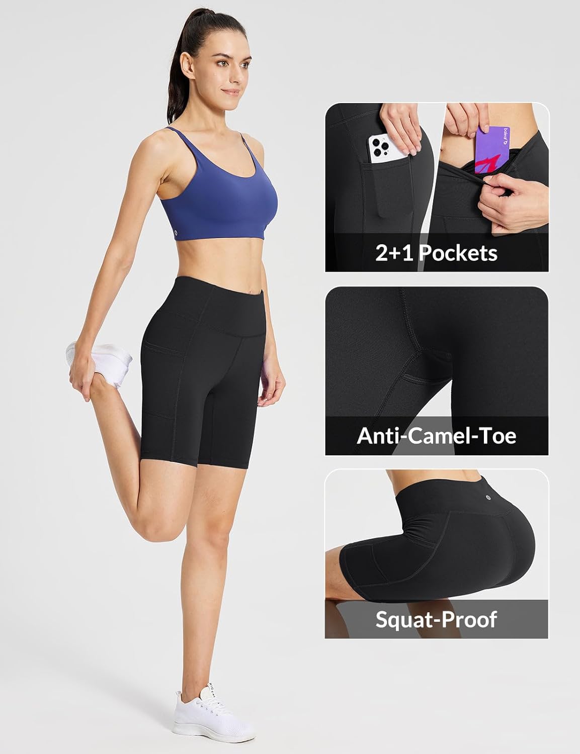 Baleaf black high-waist biker shorts with pockets, four-way stretch fabric โ view 4