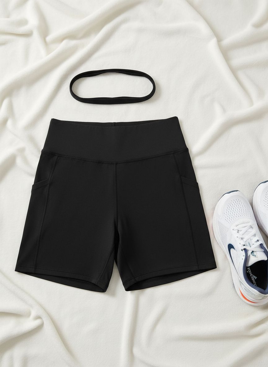 Baleaf black high-waist biker shorts with pockets, four-way stretch fabric — view 7a