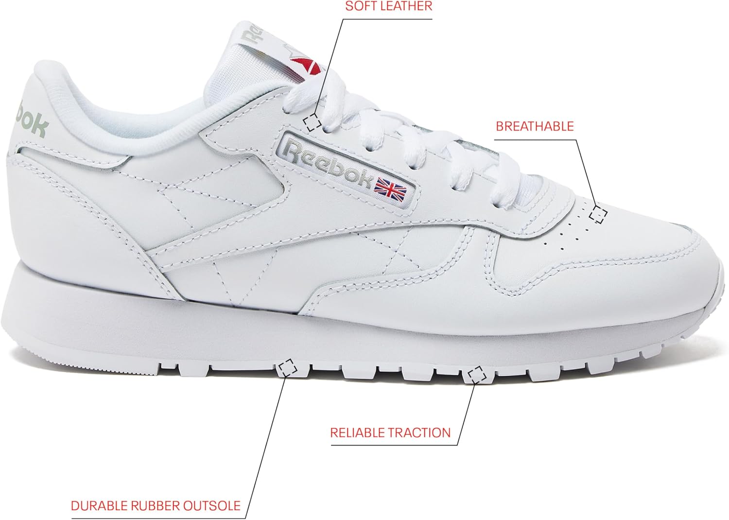 Reebok Classic Leather Sneaker in {color} with cushioned sole and classic court silhouette — side