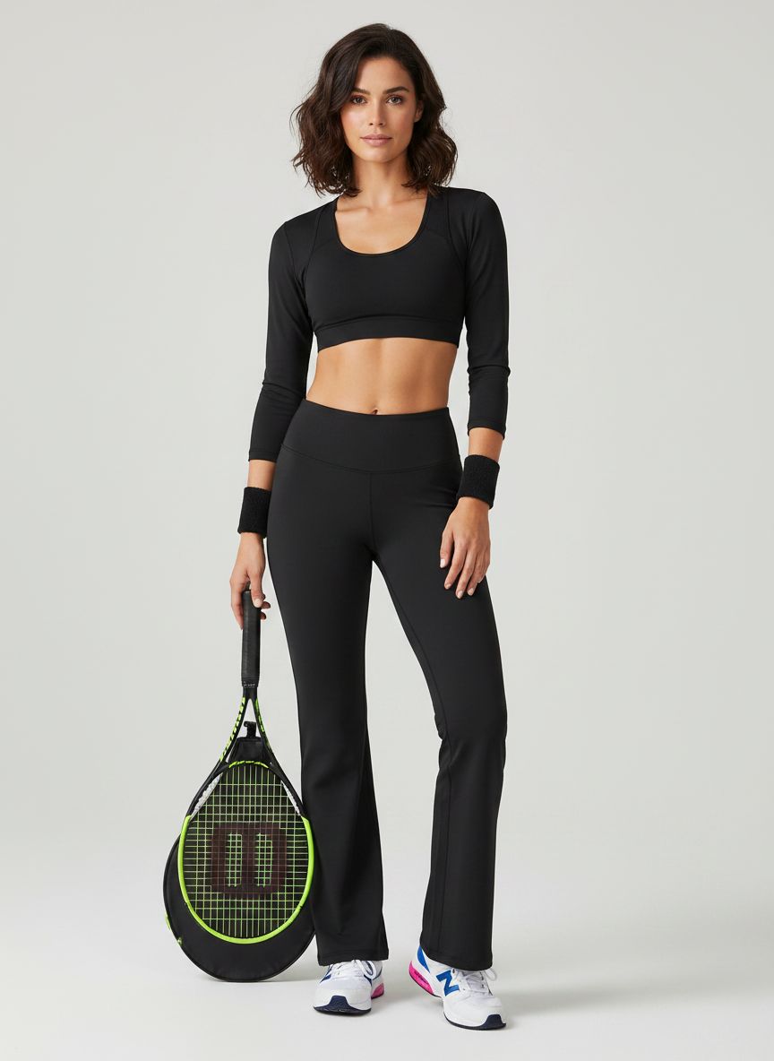 Black high-waisted yoga leggings with squat-proof four-way stretch fabric, front view โ view 5a