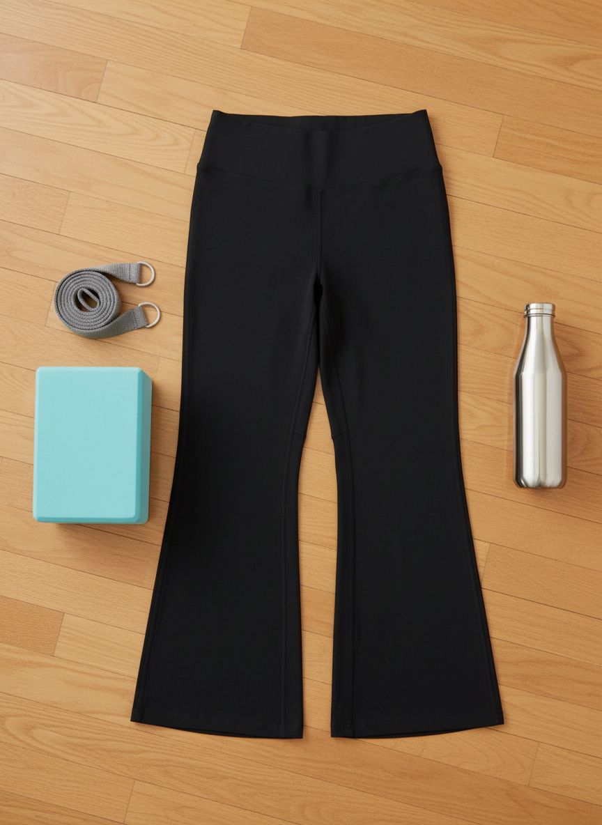 Black high-waisted yoga leggings with squat-proof four-way stretch fabric, front view โ view 7a