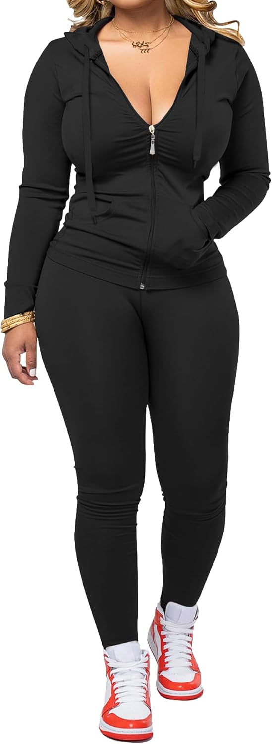 Black bodycon tracksuit set with zip-up hoodie jacket and jogger pants, four-way stretch fabric — view 1