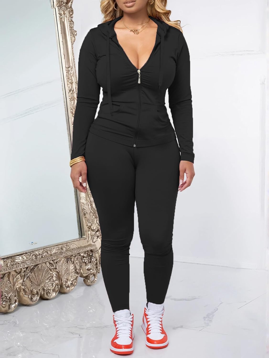 Black bodycon tracksuit set with zip-up hoodie jacket and jogger pants, four-way stretch fabric — view 2