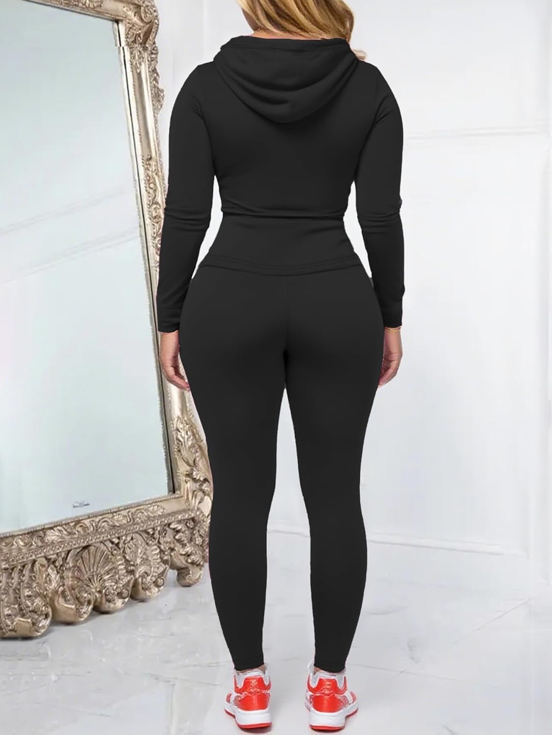 Black bodycon tracksuit set with zip-up hoodie jacket and jogger pants, four-way stretch fabric — view 4