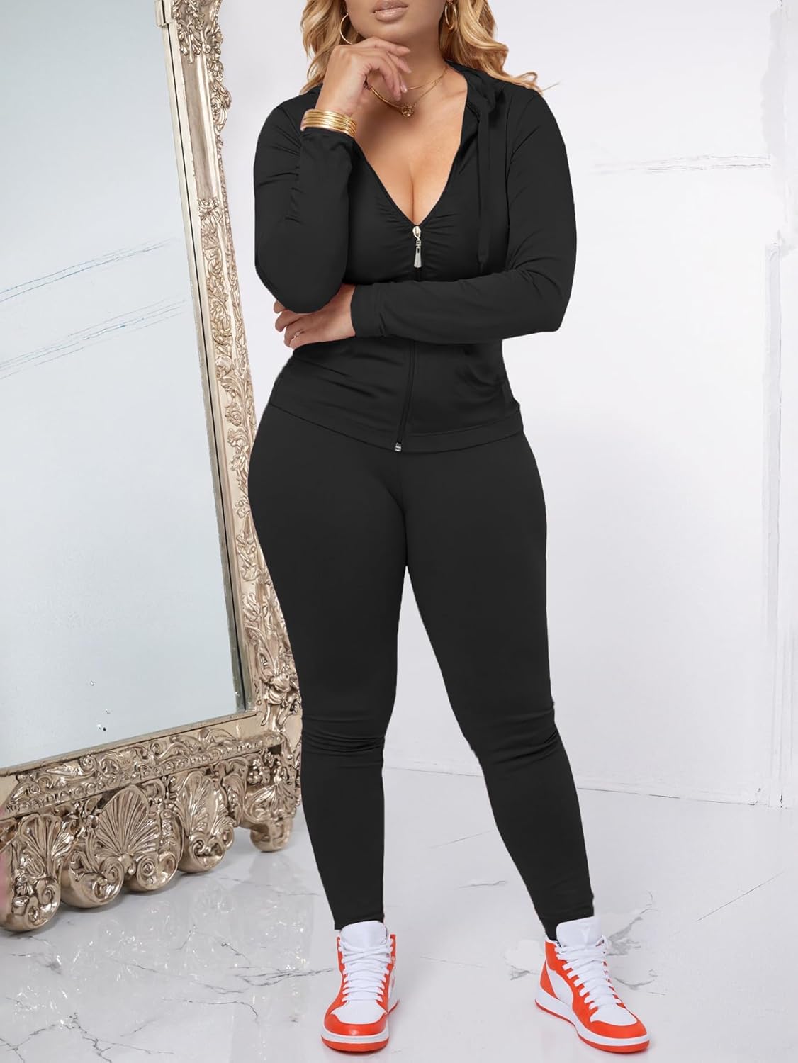 Black bodycon tracksuit set with zip-up hoodie jacket and jogger pants, four-way stretch fabric — view 2