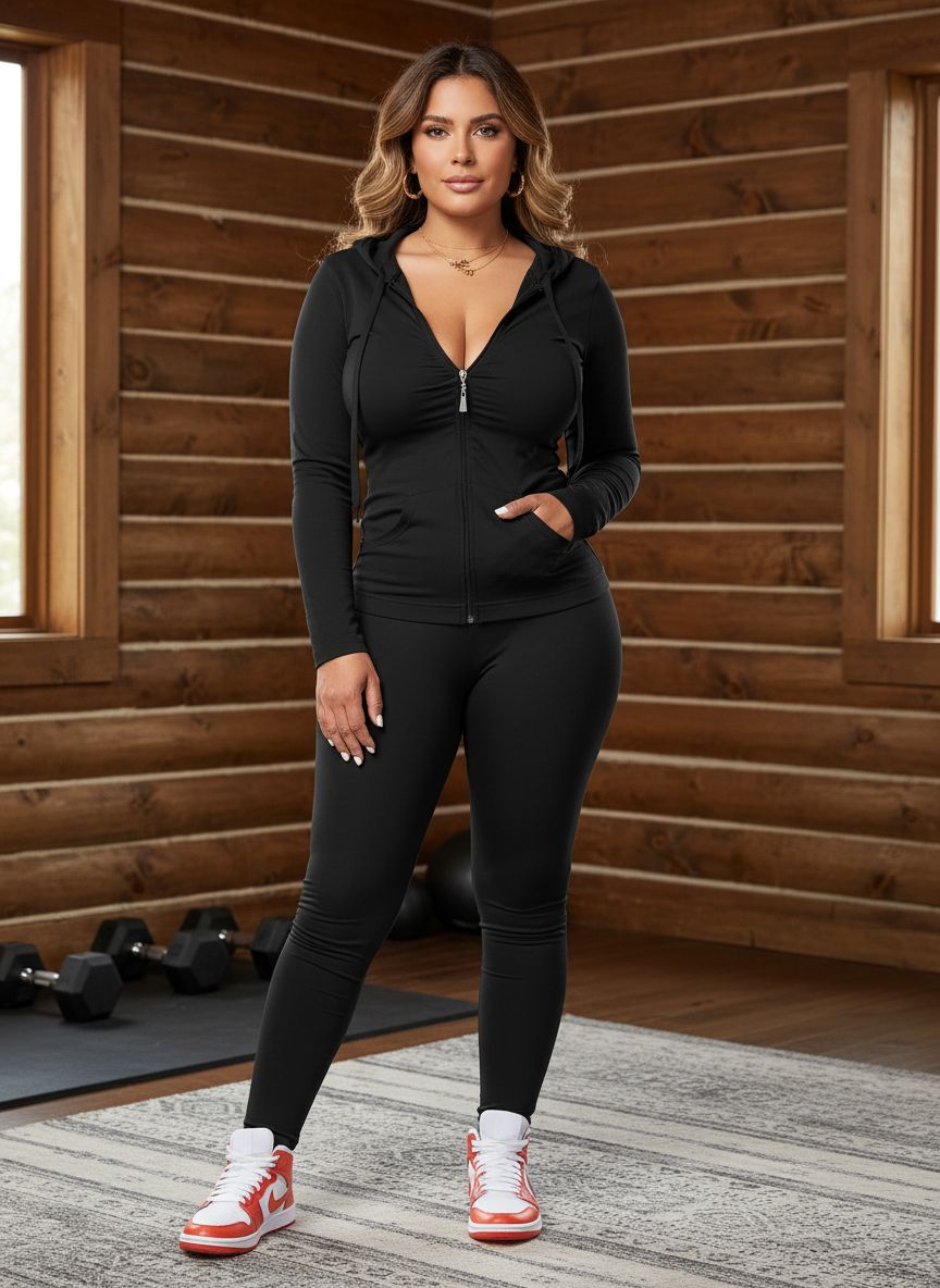 Black bodycon tracksuit set with zip-up hoodie jacket and jogger pants, four-way stretch fabric โ view 1