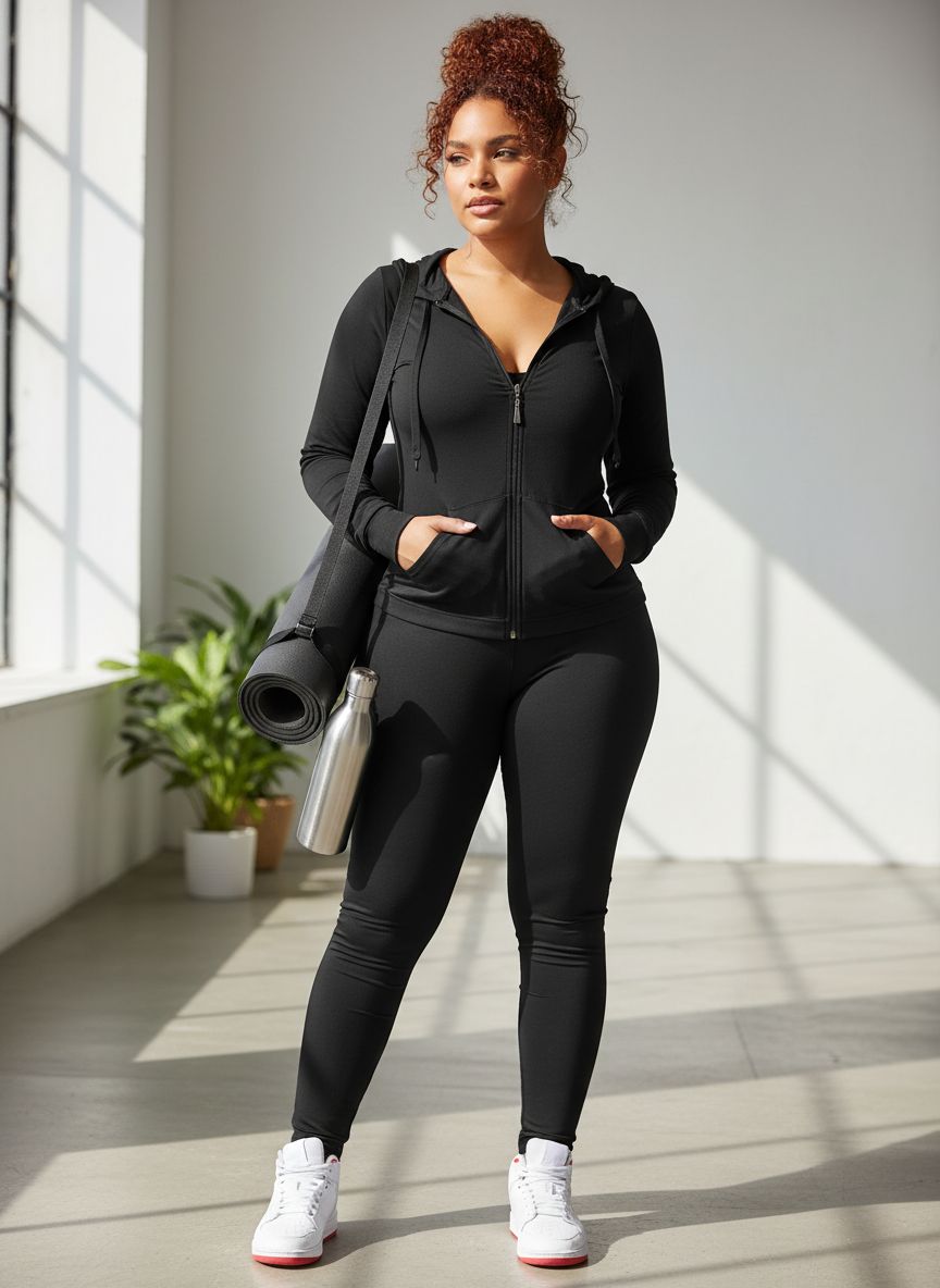 Black bodycon tracksuit set with zip-up hoodie jacket and jogger pants, four-way stretch fabric โ view 5a