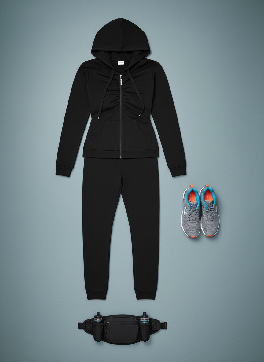 Black bodycon tracksuit set with zip-up hoodie jacket and jogger pants, four-way stretch fabric โ view 7a