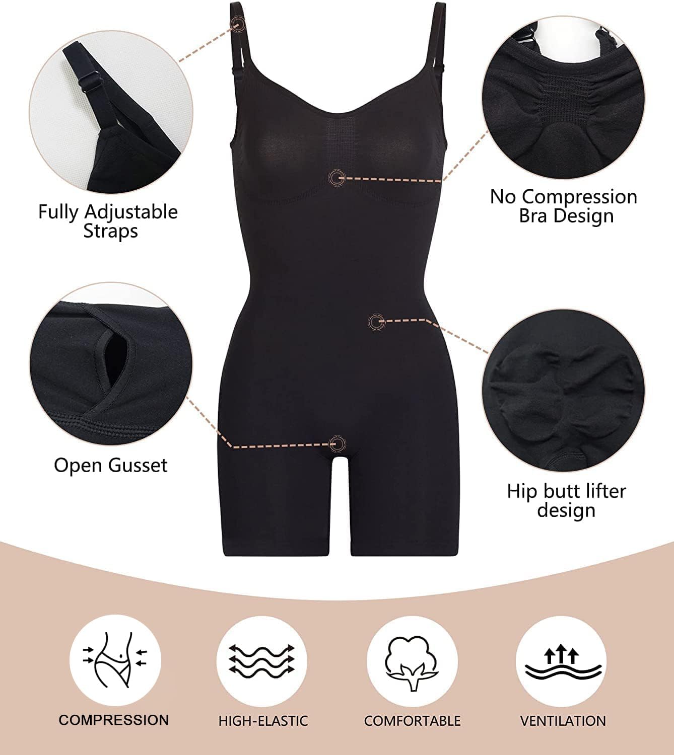 Black tummy control compression bodysuit with mid-thigh coverage, designed for athleisure wear — view 3