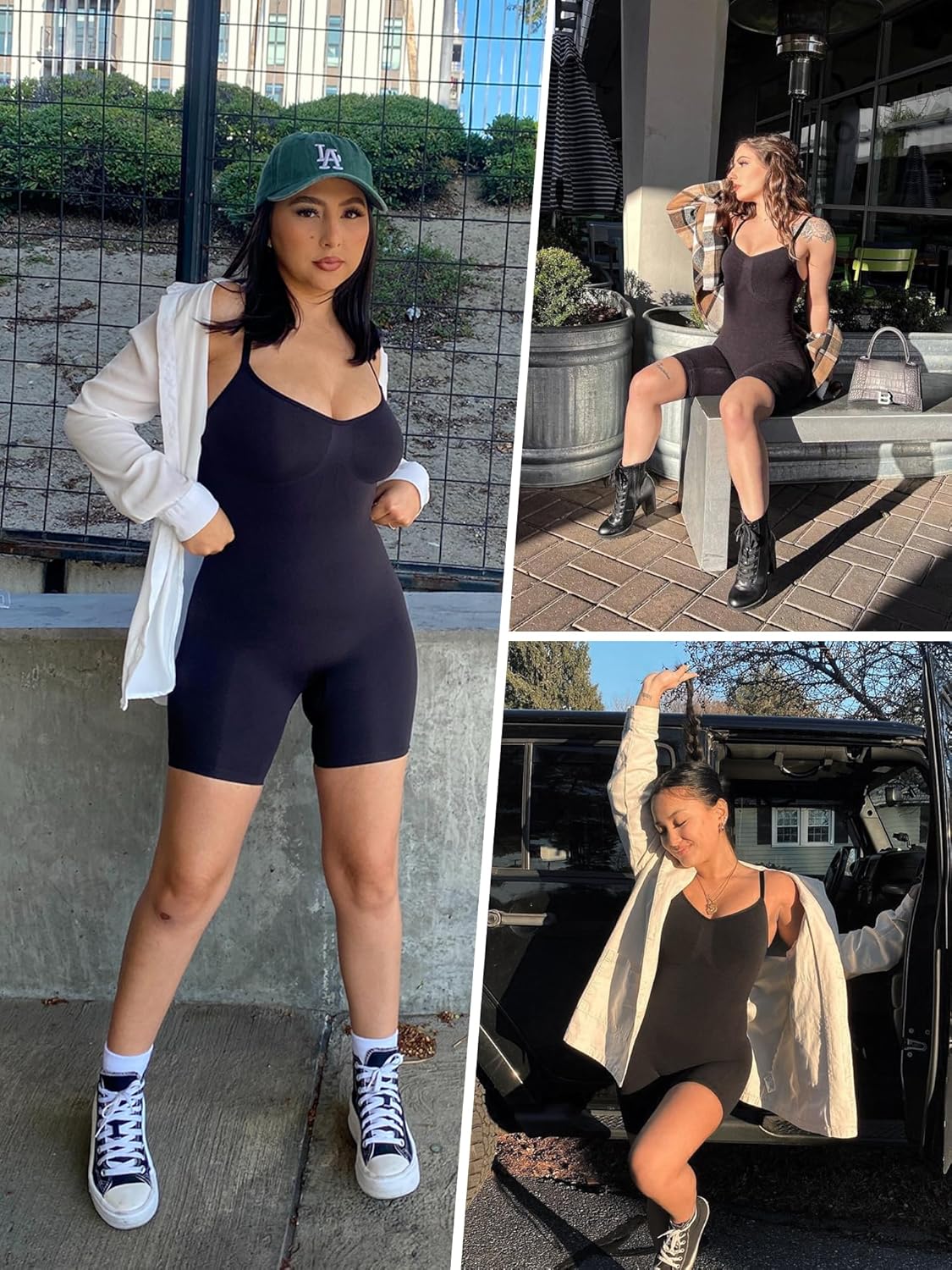 Black tummy control compression bodysuit with mid-thigh coverage, designed for athleisure wear — view 4