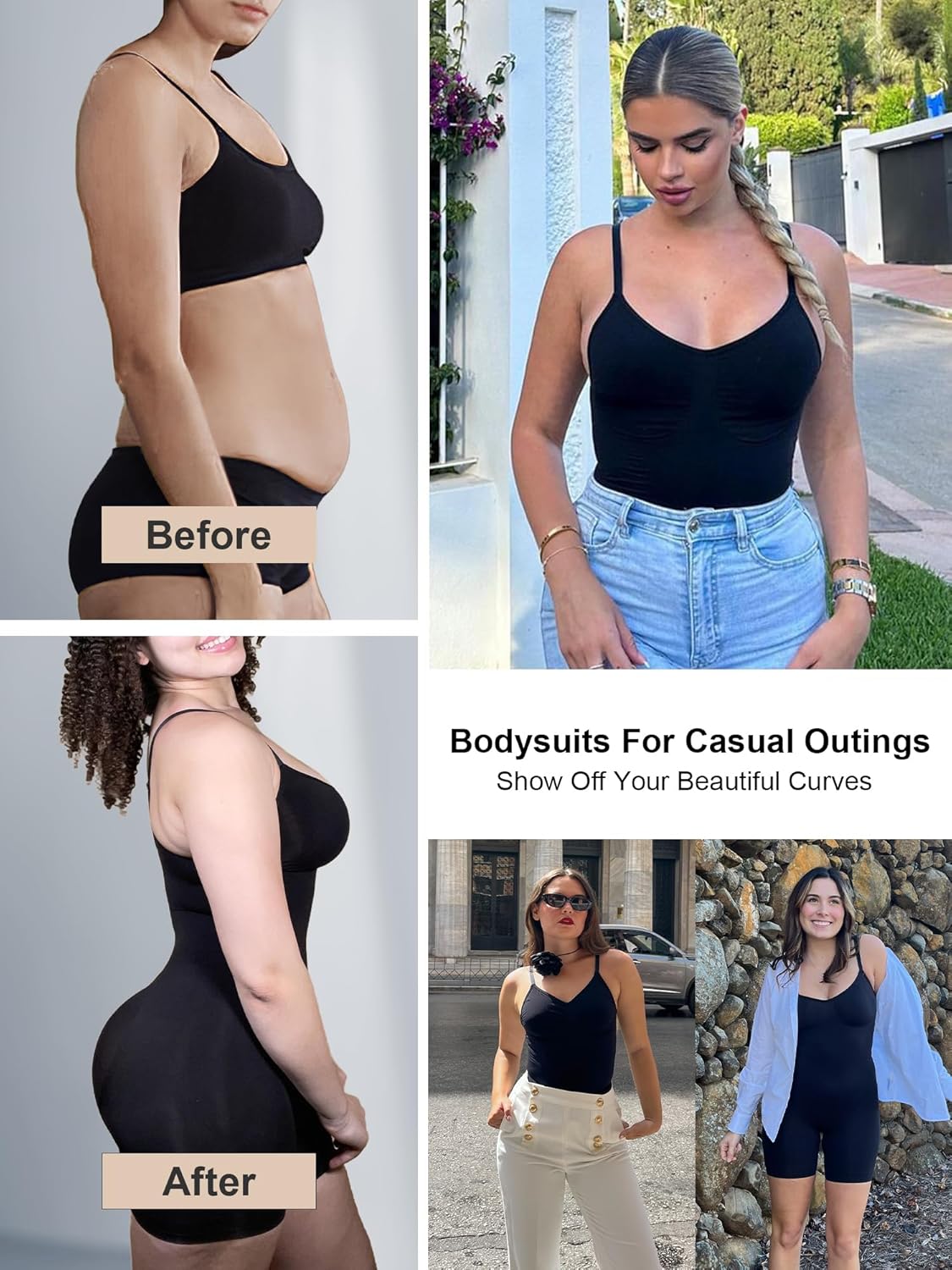 Black tummy control compression bodysuit with mid-thigh coverage, designed for athleisure wear — view 2