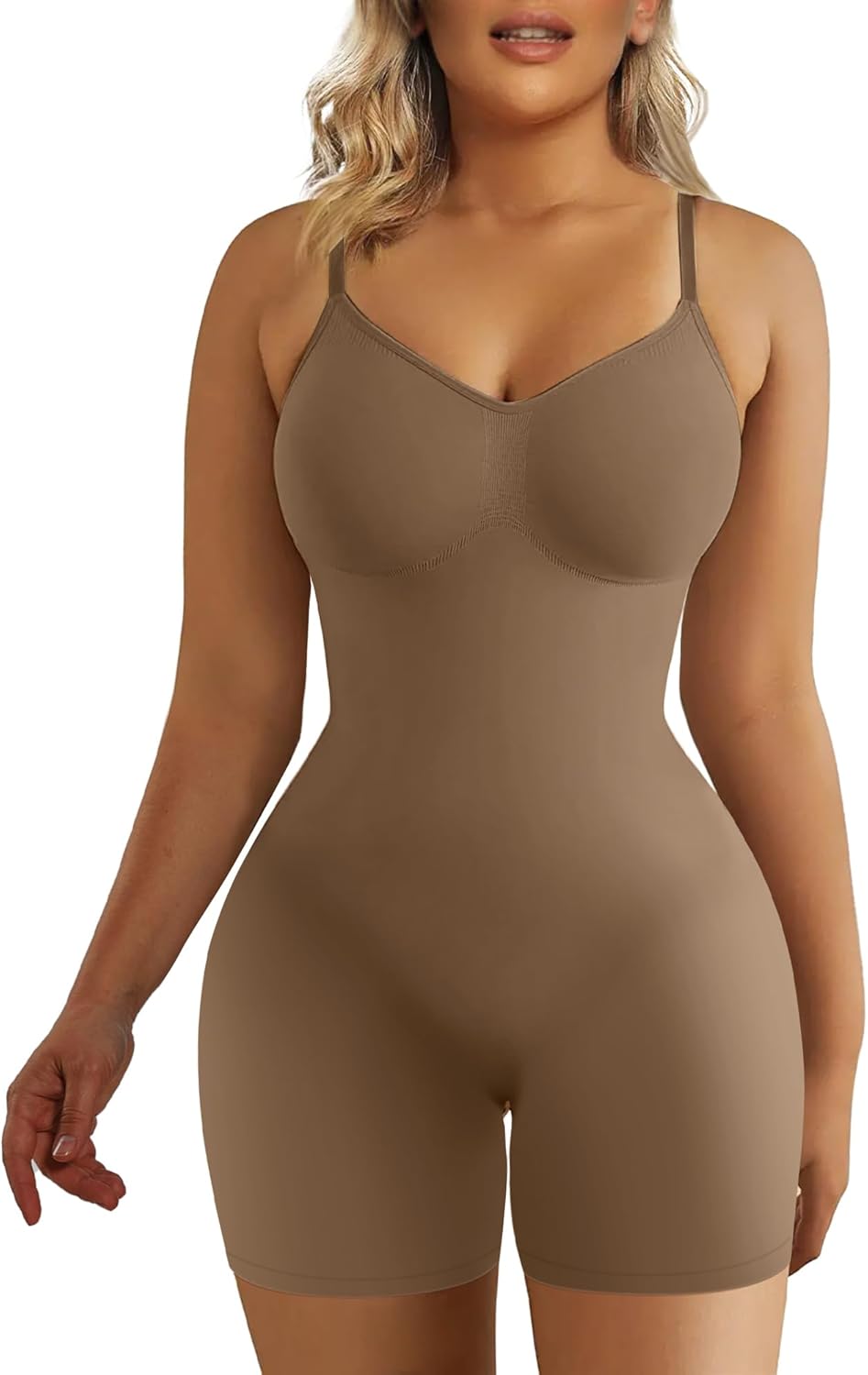 Black tummy control compression bodysuit with mid-thigh coverage, designed for athleisure wear — view 3