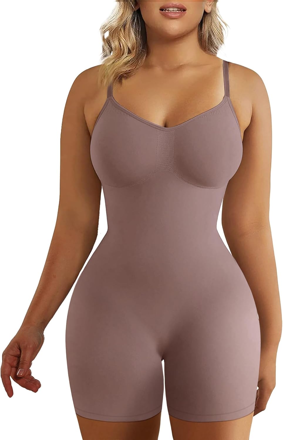 Black tummy control compression bodysuit with mid-thigh coverage, designed for athleisure wear — view 5