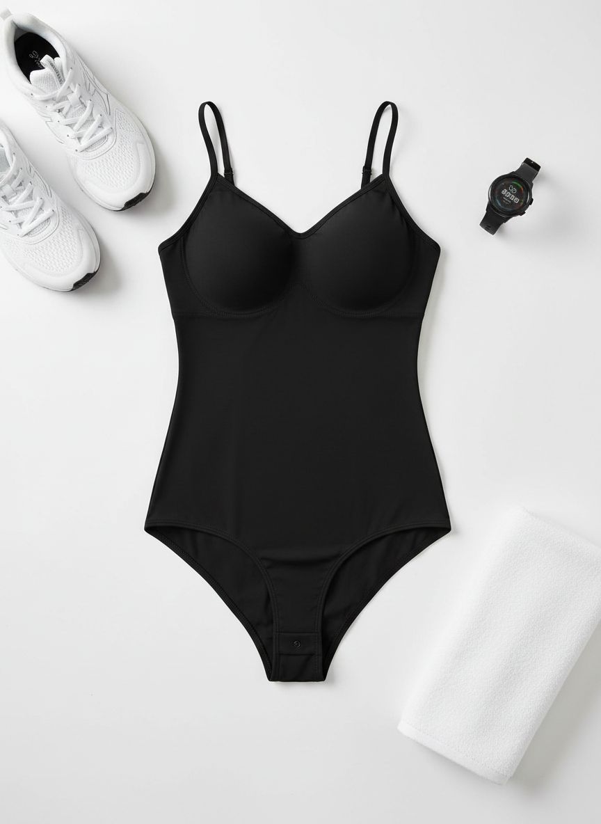 Black tummy control compression bodysuit with mid-thigh coverage, designed for athleisure wear — view 7a
