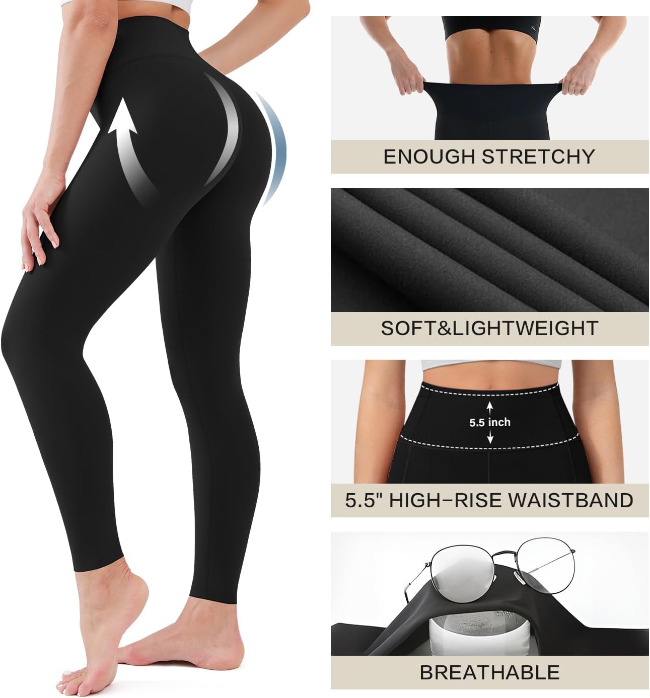 High-waisted yoga leggings in {color} with tummy control and side pockets, four-way stretch fabric — view 2