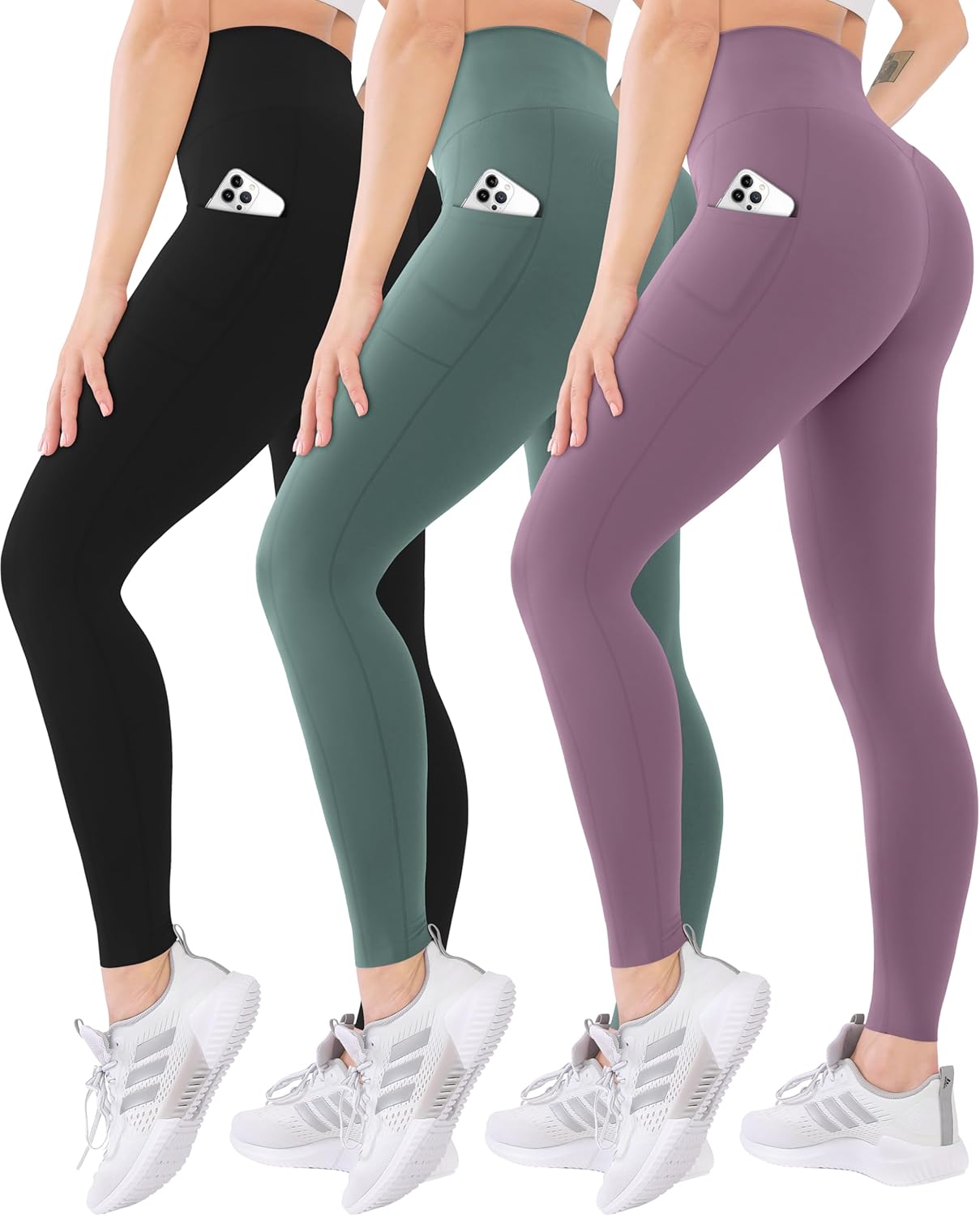 High-waisted yoga leggings in {color} with tummy control and side pockets, four-way stretch fabric — view 5
