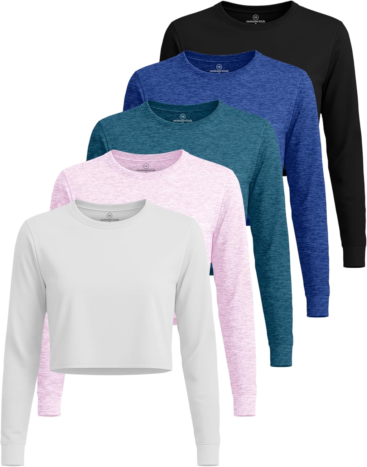 Real Essentials 5 Pack: Women's Dry-Fit Long Sleeve Crop Top - Running Workout Gym Athletic Crew Neck Shirt (Plus Available)