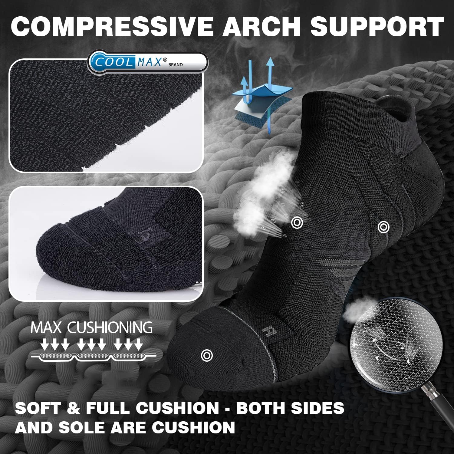 Black no-show running socks with seamless construction and anti-blister technology — view 2